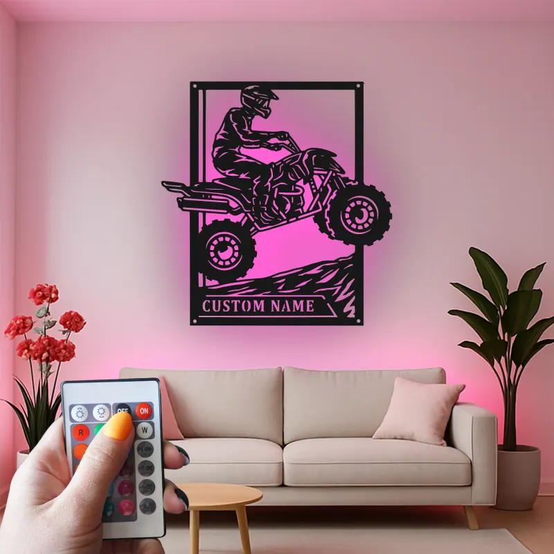 Cartel de metal personalizado con luz LED de conductor de ATV, regalo para entusiastas del off-road, decoración para garaje o man cave
