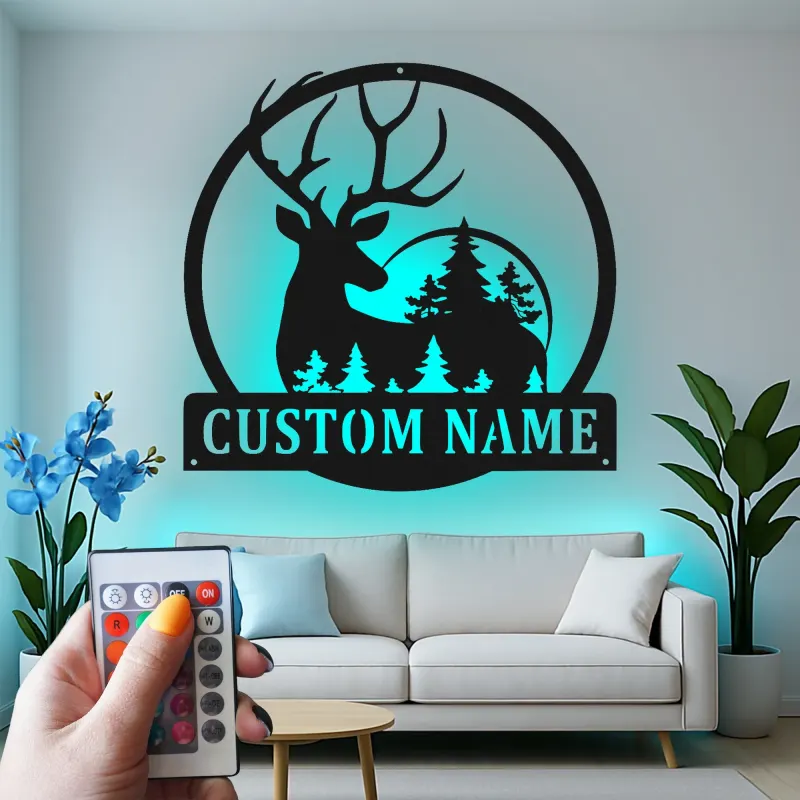 Cartel de metal personalizado con silueta de ciervo y luz LED, regalo para amantes de la naturaleza, decoración rústica para cabañas