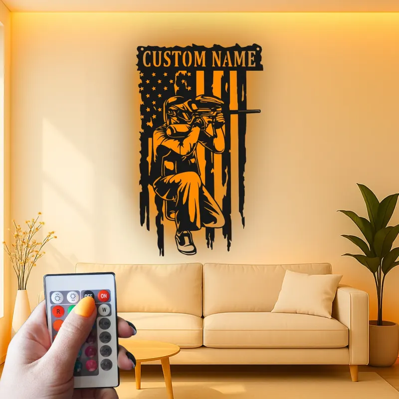 Panneau Personnalisé Joueur de Paintball | Décoration Murale en Métal Rétroéclairée avec Drapeau Américain | Décor de Salle de Jeu avec Nom Personnalisé | Cadeau pour Paintballeur