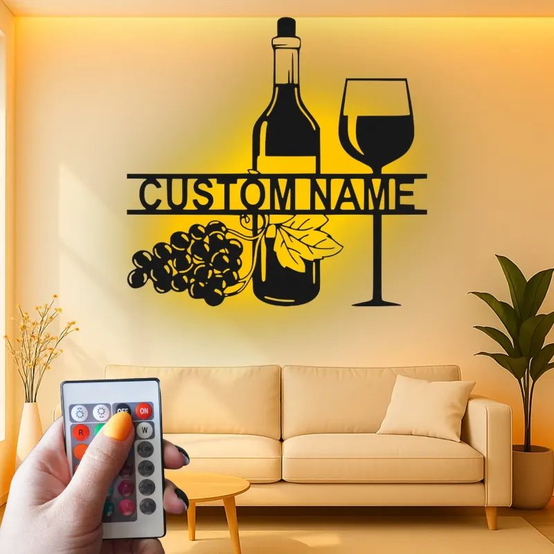 Personalisierte LED-beleuchtete Metall-Wandkunst mit Weinflasche und Glas – Geschenk für Weinliebhaber für Küche oder Bar
