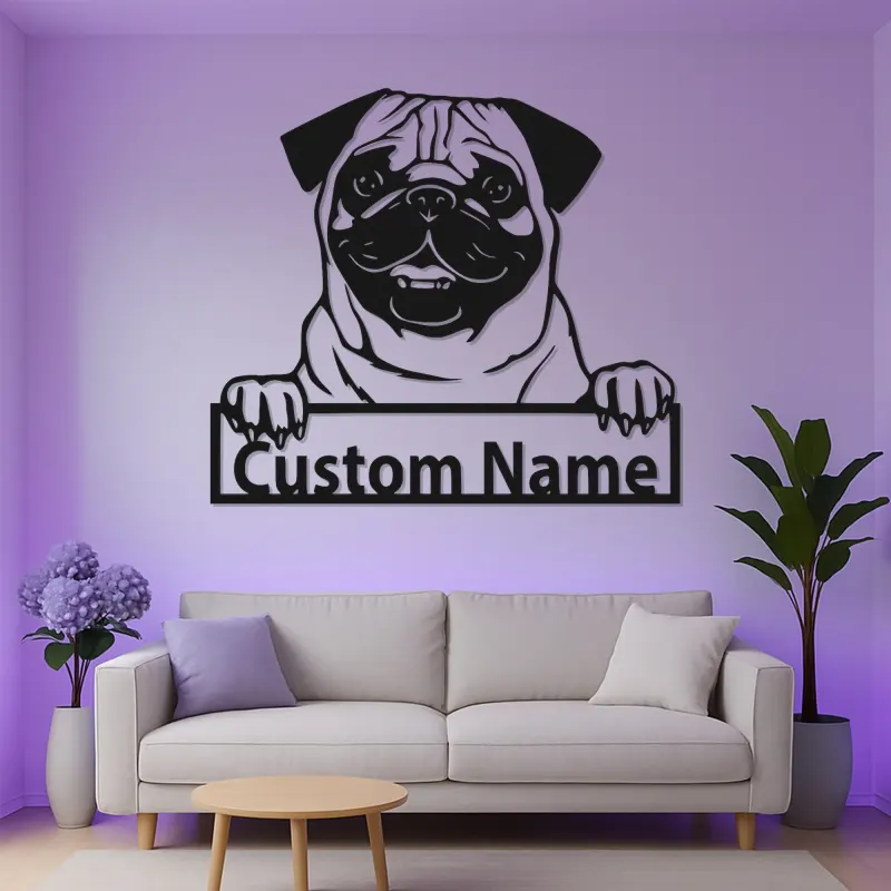 Insegna LED Pug Personalizzata | Insegna in Metallo per Cani | Regalo per Amanti degli Animali e Decorazione per Nursery | Silhouette di Cucciolo Realistica