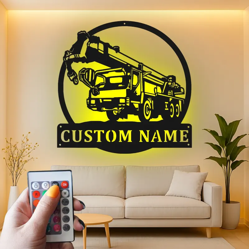 Personalisierte LED-Metall-Wandkunst mit Kranwagen – Geschenk für Bauarbeiter, Garage oder Werkstatt