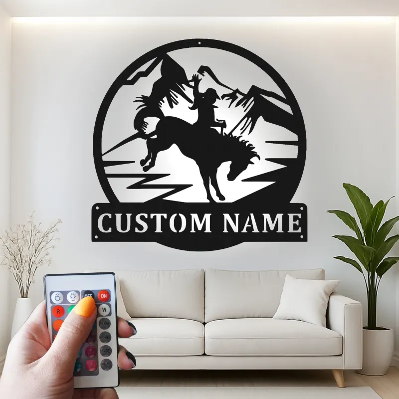 Arte murale in metallo Rodeo Cowboy | Insegna personalizzata con LED | Decorazioni rustiche western per ranch e casa