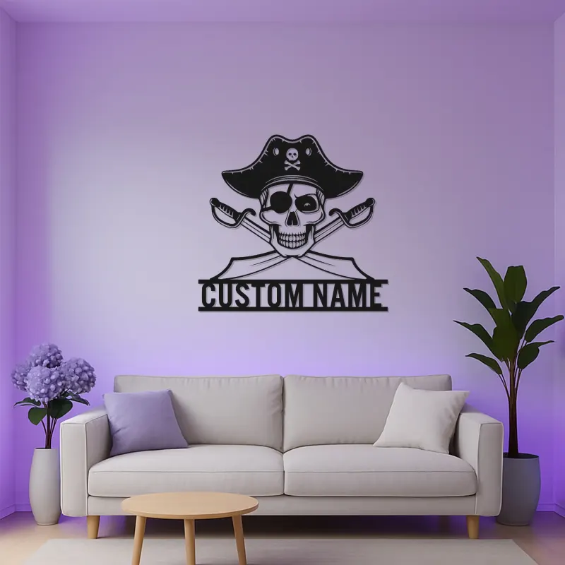 Insegna in metallo LED Teschio Pirata | Insegna da parete con nome personalizzato per Man Cave | Decorazione nautica personalizzata | Spade incrociate luminose