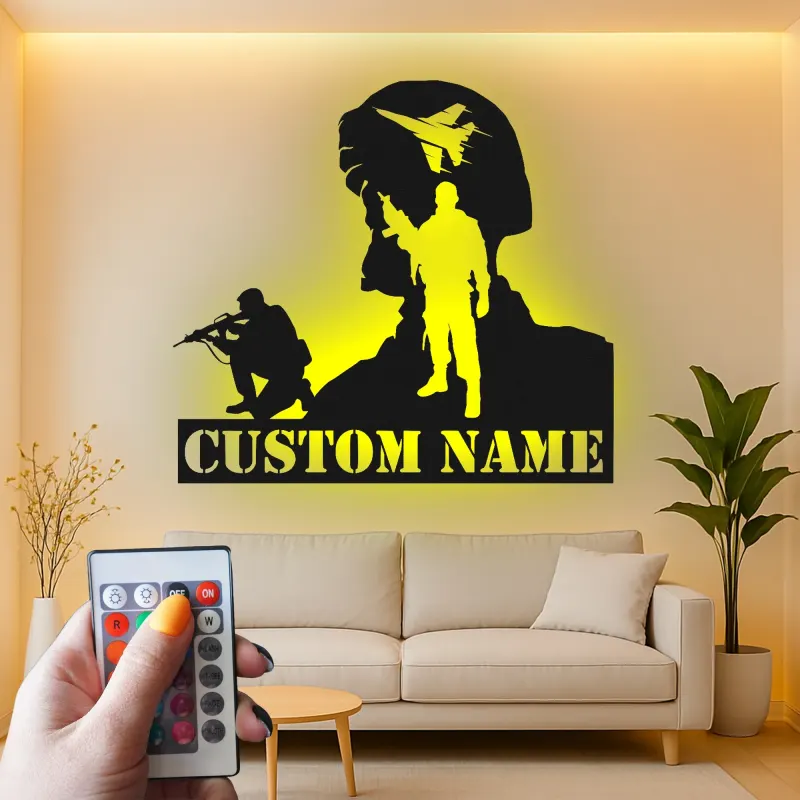 Personalisierter Soldat Silhouette Metall Schild | LED Militär Wandkunst | Benutzerdefinierte Veteranen Namensplakette | Patriotische Army Deko
