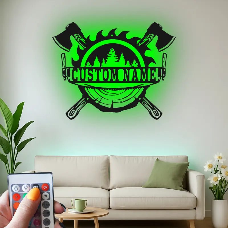 Custom Lumberjack Axe Metal Sign with LED | Personalized Forest Wall Art | Rustic Cabin & Man Cave Decor