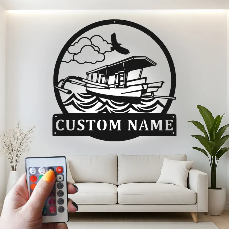 Insegna Personalizzata per Barca Pontoon con LED | Arte Murale in Metallo Personalizzata | Decorazione Nautica per Casa al Lago e Regalo per Naviganti
