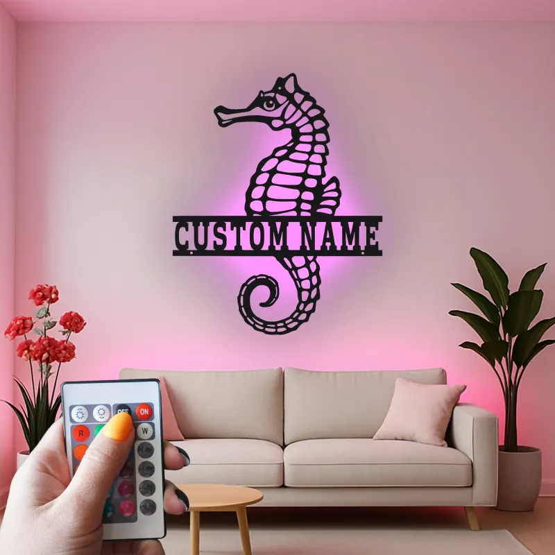 Panneau Métal LED Hippocampe Personnalisé | Décoration Murale Nautique Personnalisée | Décor Maison Côtière & Cadeau pour Amoureux de l'Océan