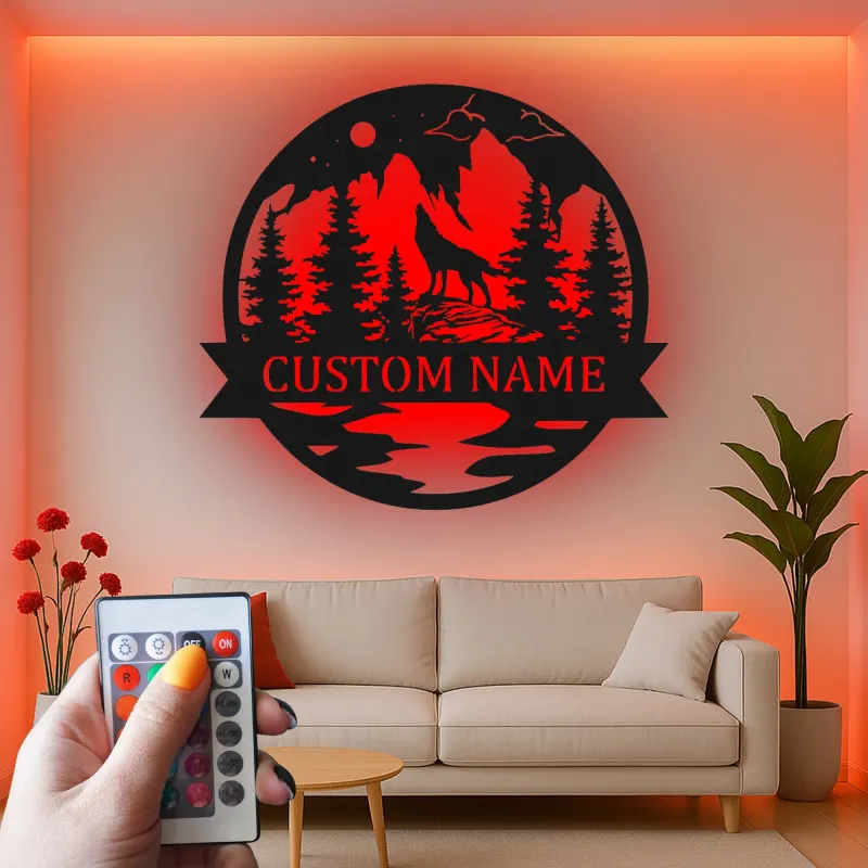 Décoration murale en métal personnalisée de loup hurlant à la lune avec rétroéclairage