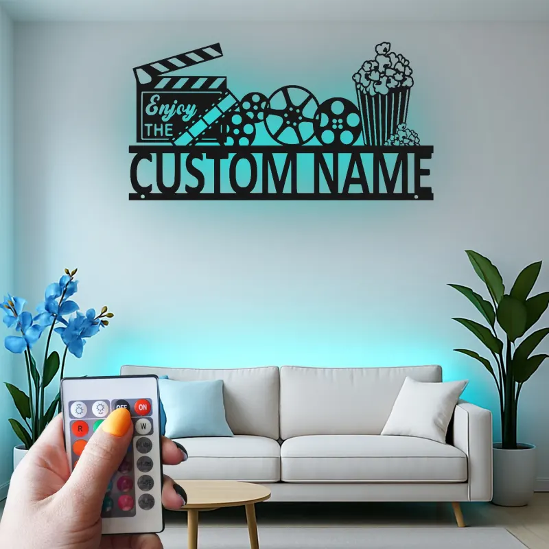 Panneau de Cinéma Personnalisé | Art mural en métal LED de Cinéma Personnalisé | Décor de Salle de Cinéma Familiale | Panneau Lumineux Bobine de Film & Popcorn