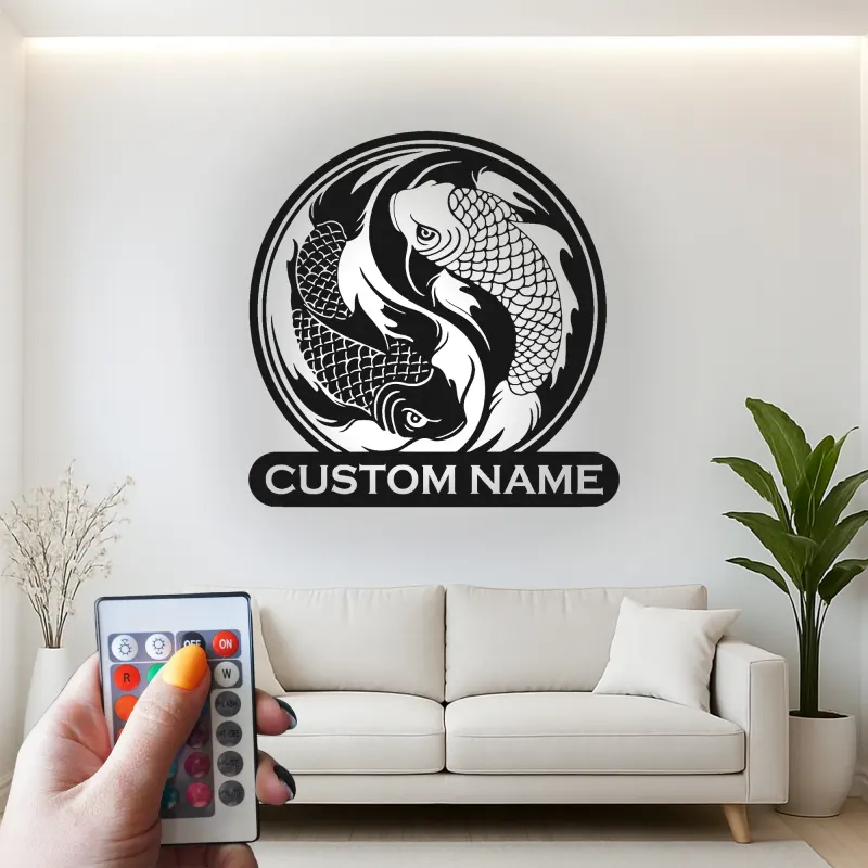 Cartel de metal de peces Koi Yin Yang | Arte mural LED personalizado | Decoración japonesa zen personalizada para sala de meditación y estudio