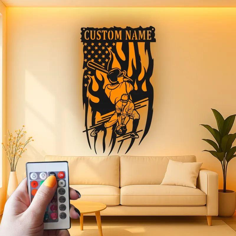 Custom Baseball Player Led Light Metal Wall Art Sports Fan Gift Game Room Decor for Baseball Lovers