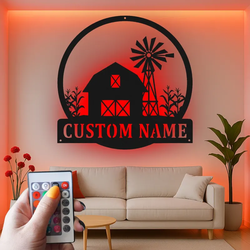 Custom Farmhouse Barn Led Light Metal Wall Art Personalized Gift for Farmers Rustic Home Decor