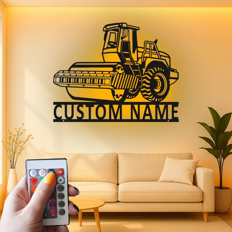 Señal de rodillo de carretera personalizada | Arte mural de metal personalizado | Decoración de equipo pesado para garaje o man cave | Luz LED de vehículo de construcción