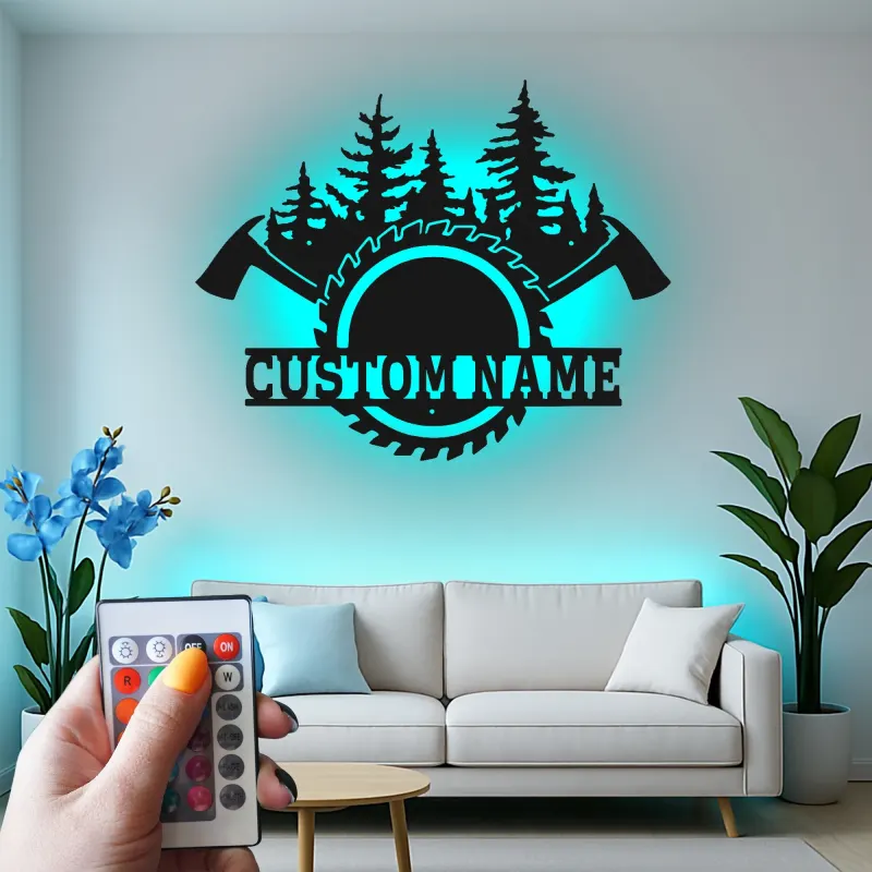 Cartel de metal personalizado de leñador en el bosque con luz LED, regalo para amante del aire libre, decoración de cabaña rústica