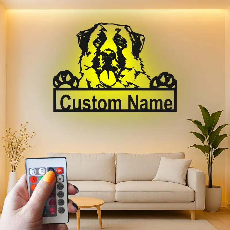 Décoration murale en métal LED personnalisée Saint Bernard - Cadeau pour amoureux des chiens, décoration pour salon