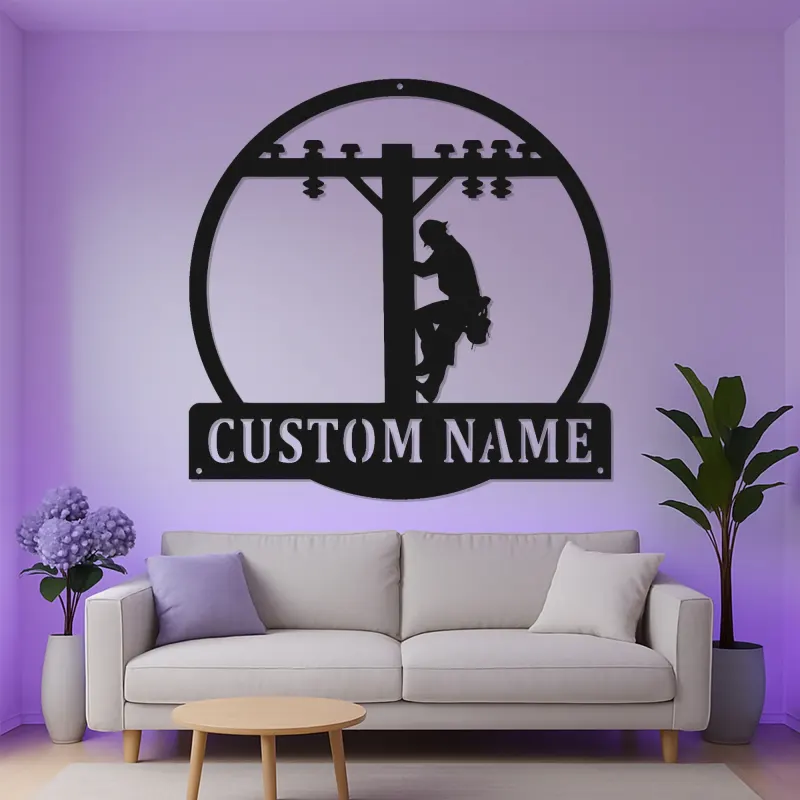 Enseigne en métal personnalisée pour lineman | Décoration murale LED pour électricien | Déco de poteau électrique pour garage ou bureau