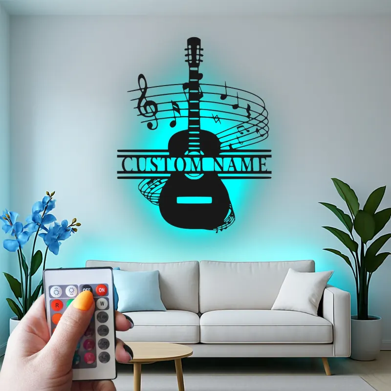 Panneau prénom guitare personnalisé | Décoration murale en métal sur mesure avec LED | Décor studio de musique | Cadeau pour musicien