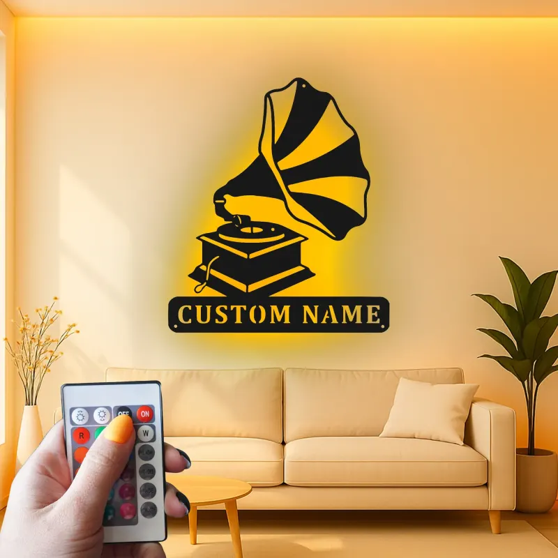 Arte Murale in Metallo LED con Gramofono | Regalo Personalizzato per Amante della Musica | Insegna con Nome Personalizzato per Decorazione Retro di Casa e Studio
