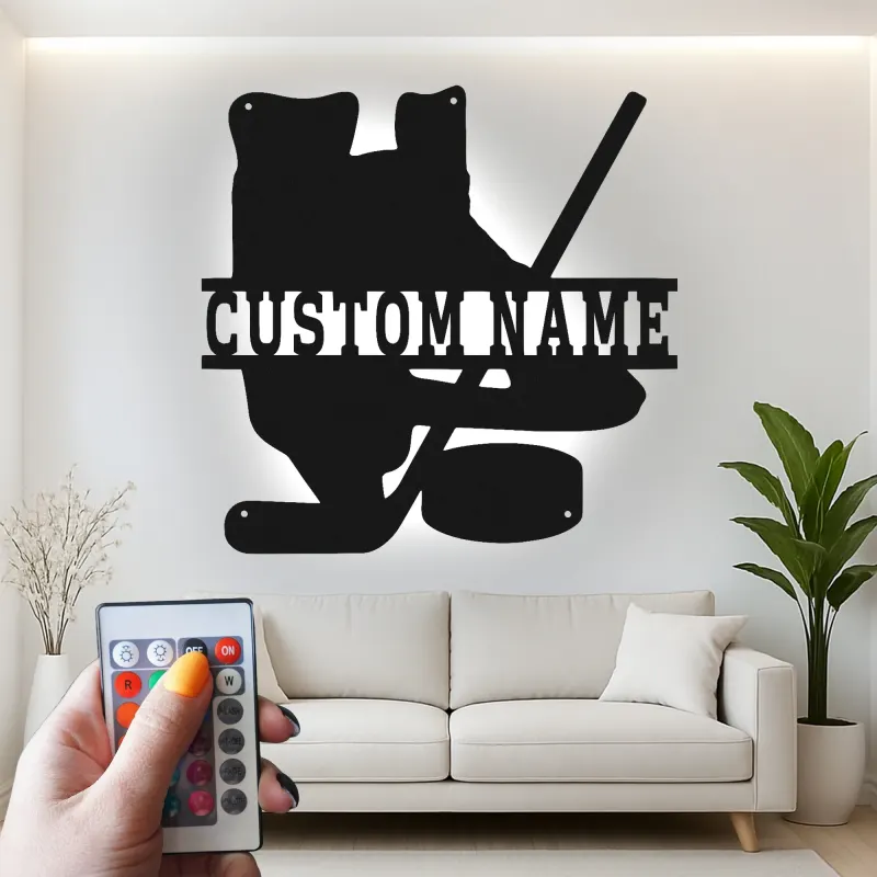 Cartel LED de hockey personalizado | Decoración mural de metal a medida para habitación de jugador | Regalo para aficionado al hockey sobre hielo | Decoración para cueva del hombre
