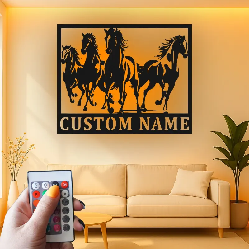 Insegna in metallo personalizzata con LED per cavallo | Arte murale equestri personalizzata | Decorazione per ranch e fienile per amanti dei cavalli