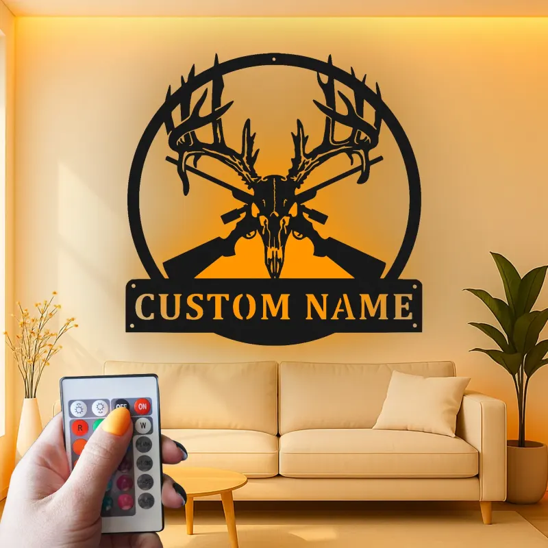 Décoration murale en métal personnalisée avec crâne de cerf et fusils, rétroéclairage LED, cadeau pour chasseur, décoration pour homme ou chalet