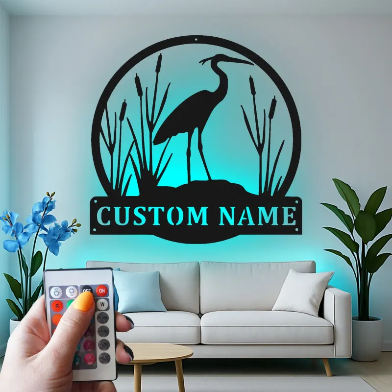 Insegna in metallo personalizzata con Airone e luci LED | Arte murale di fauna selvatica personalizzata | Decorazione per patio esterno per casa al lago | Regalo per amanti degli uccelli