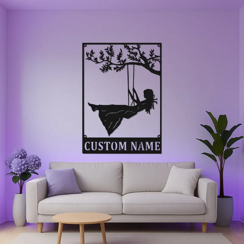 Letrero LED personalizado de niña en columpio | Decoración mural de metal con nombre a medida | Regalo para guardería y cuarto de juegos