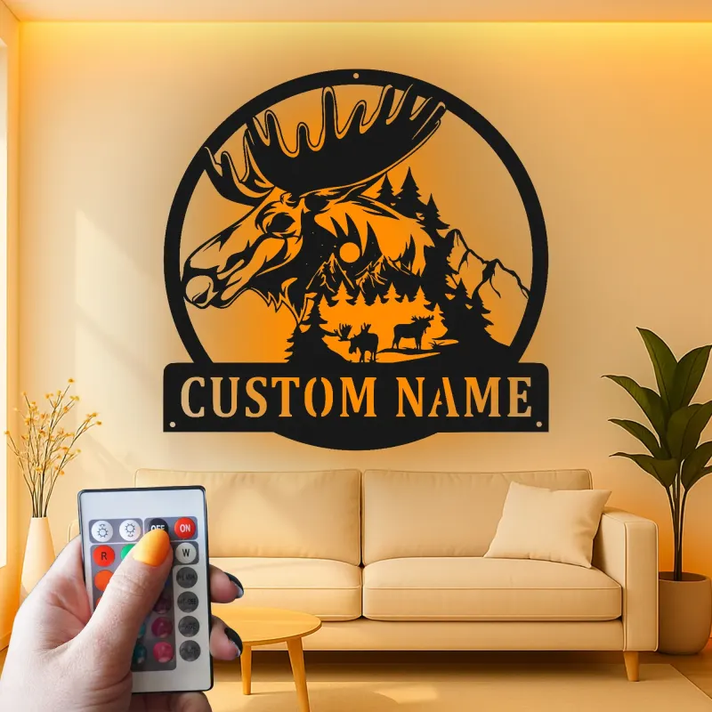 Custom Moose Metal Sign with LED | Personalized Wildlife Wall Art | Rustic Cabin & Lodge Decor for Hunter Gift