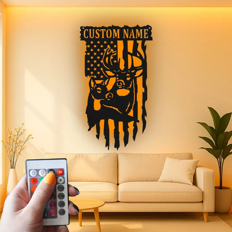 Custom Deer and American Flag Led Light Metal Wall Art Personalized Gift for Hunters Rustic Cabin Decor 1