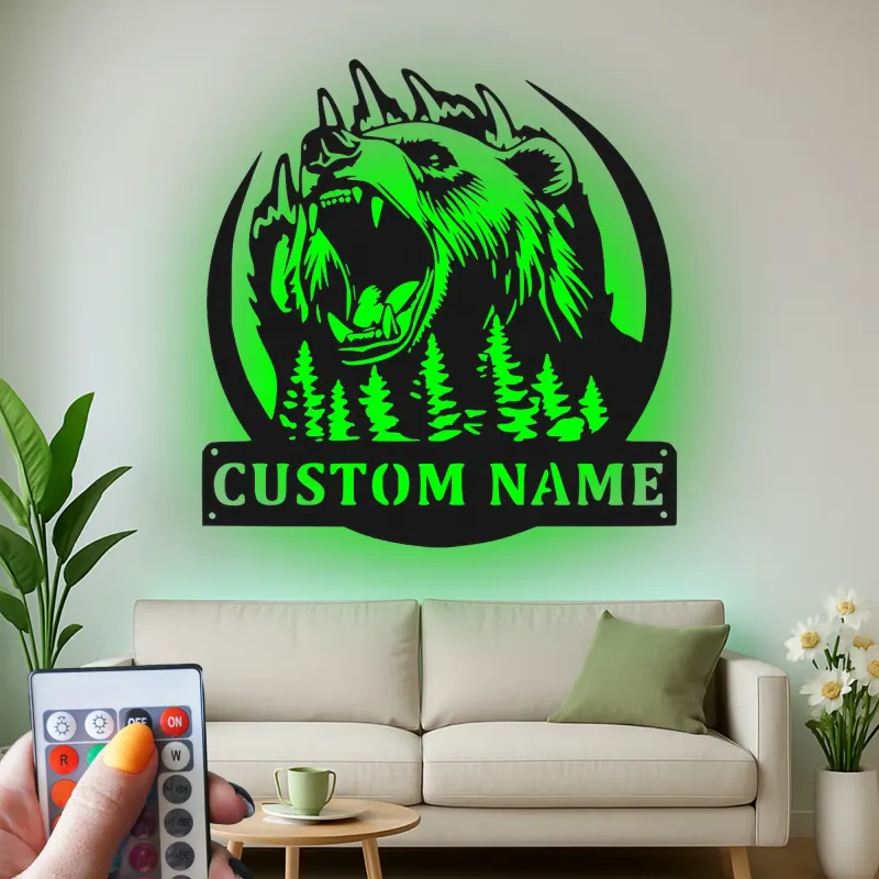Personalisiertes LED-Licht Metallschild mit Grizzlybär – Geschenk für Naturfreunde, Dekoration für Hütte oder Lodge