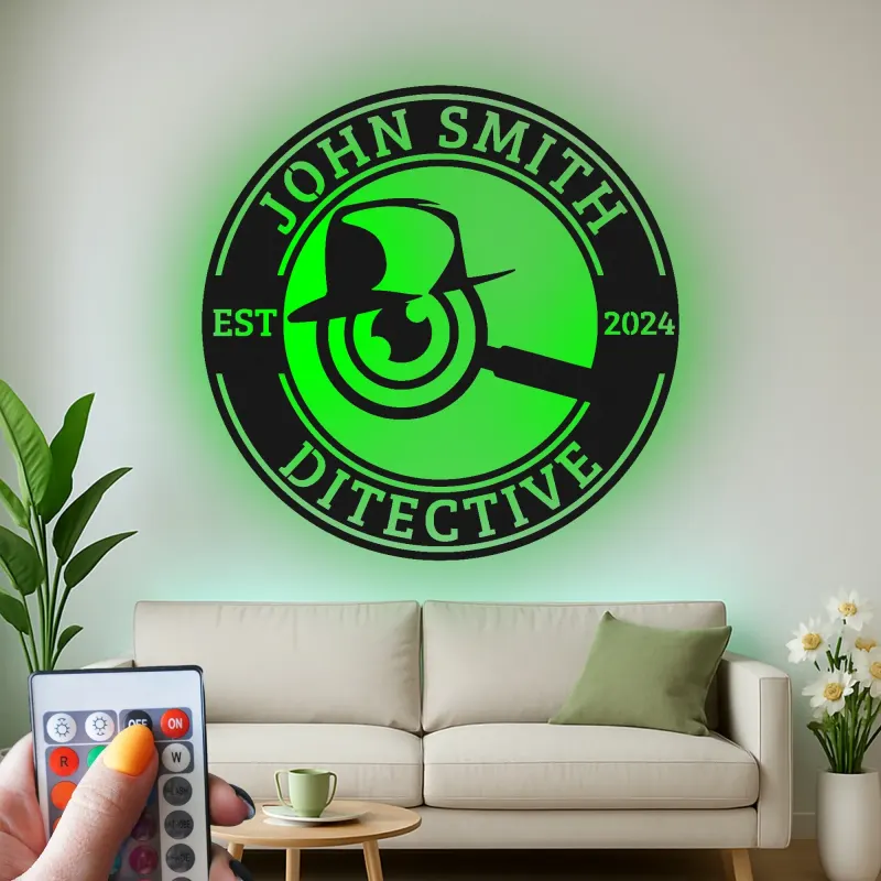 Cartel de metal LED de placa de detective, regalo único para amantes del misterio, decoración de oficina o estudio