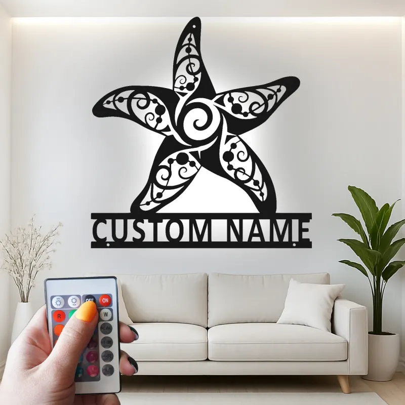 Art mural en métal étoile de mer avec rétroéclairage LED | Panneau de nom personnalisé pour décor côtier | Cadeau de maison de plage nautique sur mesure et signalétique d'entreprise