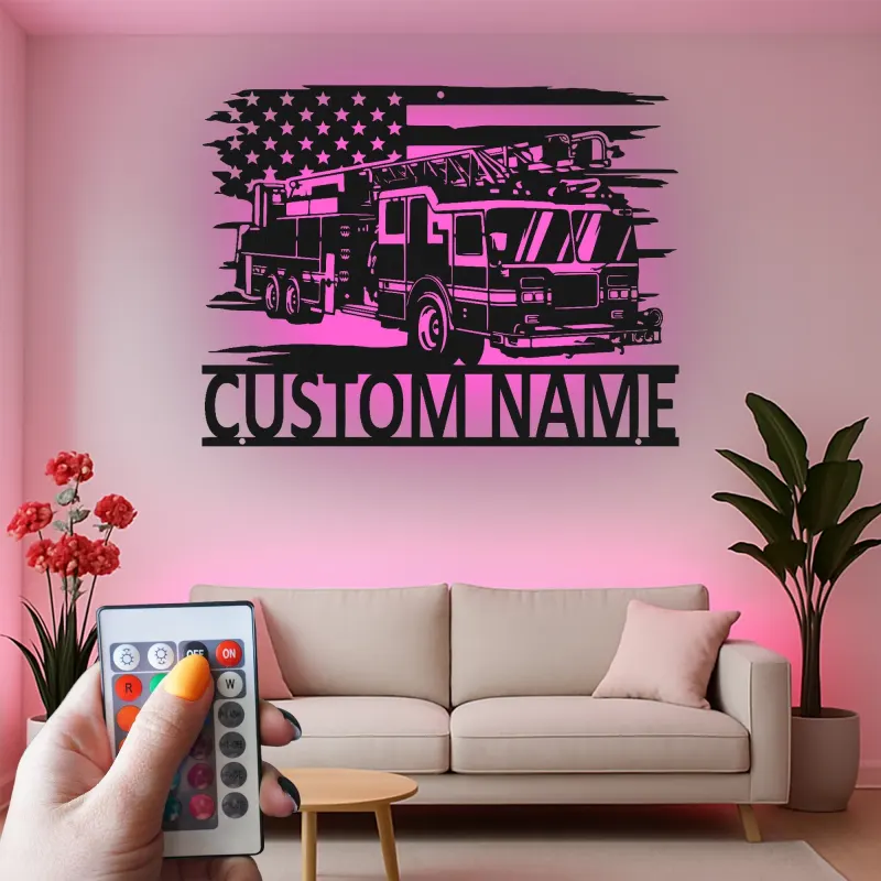 Enseigne personnalisée pour pompier en métal | Décoration murale LED camion de pompiers | Déco de caserne et cave à homme sur mesure | Cadeau pour pompier