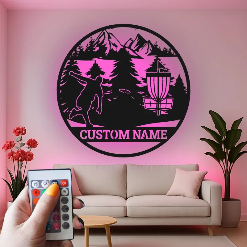 Décoration murale en métal LED personnalisée pour disc golf - Cadeau pour les golfeurs