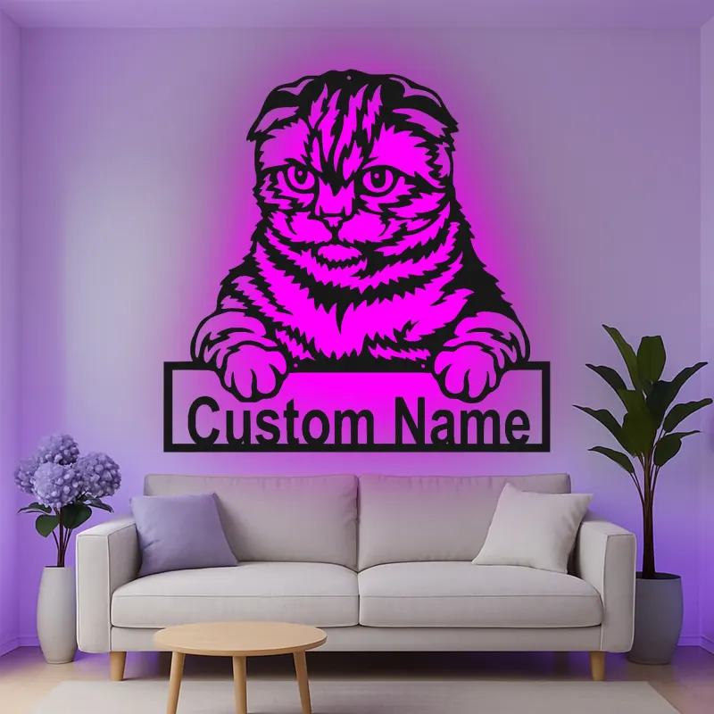 Personalisierte Scottish Fold Katze LED-beleuchtete Metall-Wandkunst Geschenk für Katzenliebhaber