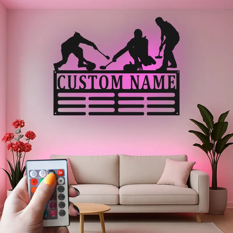Personalisierte LED-Metall-Wandkunst für Curling-Teams – Sportgeschenk für Athleten, Deko fürs Spielzimmer
