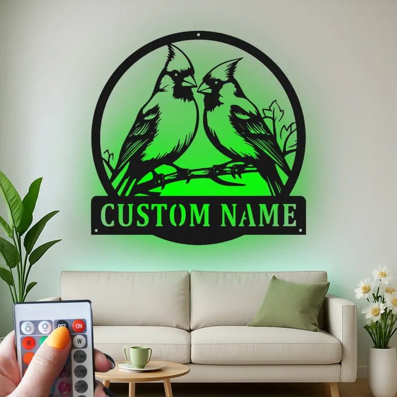 Insegna in metallo personalizzata con coppia di cardinali e luce LED - Regalo per amanti degli uccelli - Decorazione per soggiorno e natura