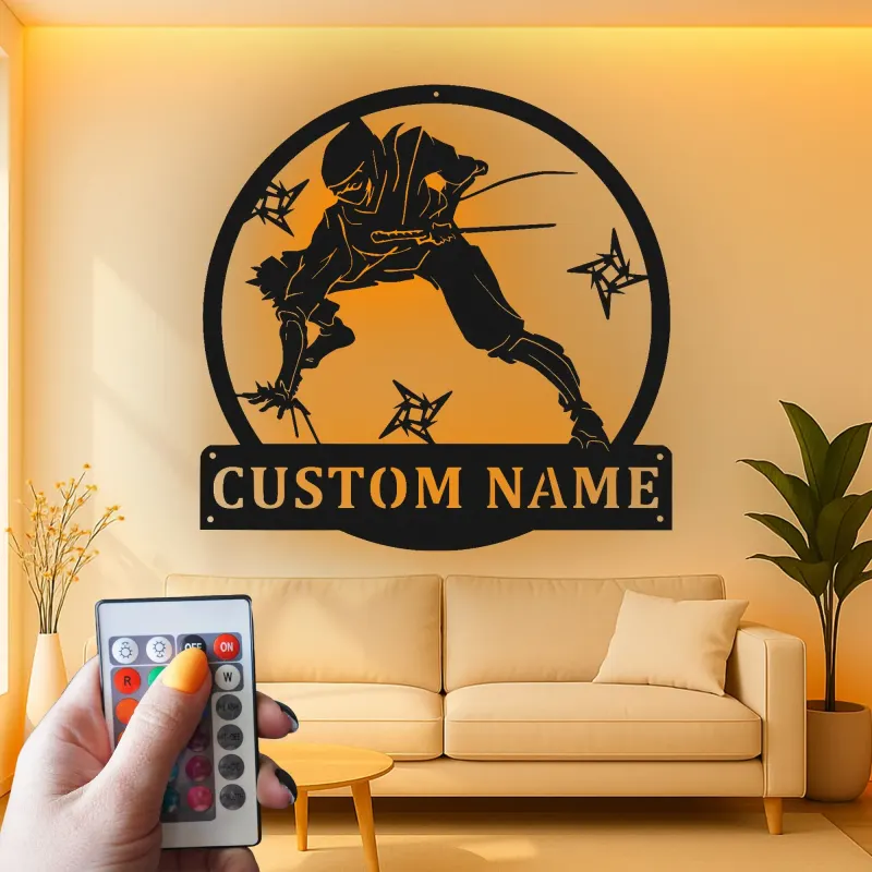 Cartel LED personalizado de ninja guerrero | Decoración mural de metal personalizada | Decoración de artes marciales para sala gamer y dojo