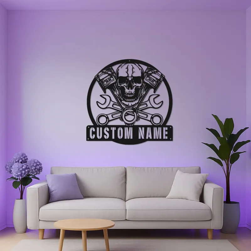 Insegna LED con Teschio per Meccanico | Arte Murale in Metallo Personalizzata per Garage | Decorazione per Biker e Man Cave con Luci RGB