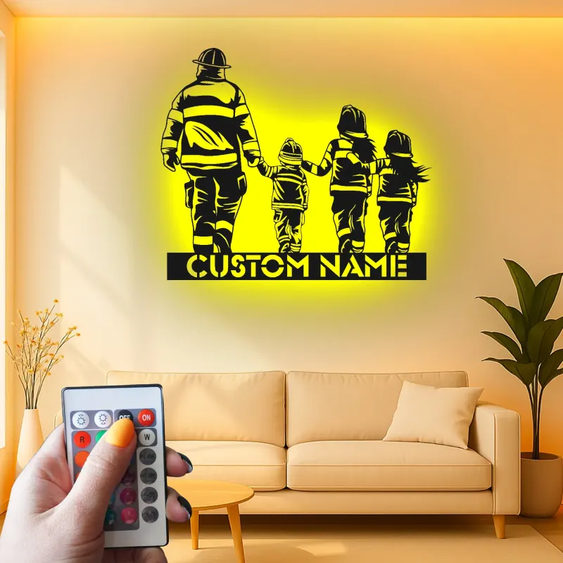 Insegna personalizzata per famiglia di vigili del fuoco | Arte murale LED in metallo | Regalo su misura per papà pompiere | Arredo per caserma