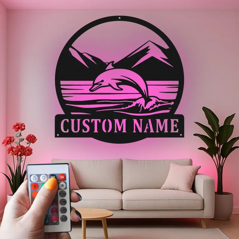 Cartel de metal personalizado con escena oceánica de delfines y luz LED, regalo para amantes de la playa, decoración costera para el hogar
