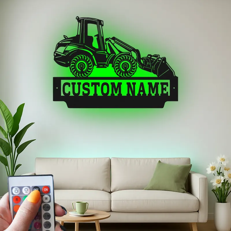 Cartel de metal personalizado de tractor | Decoración mural LED personalizada de cargadora frontal | Regalo para trabajador de la construcción para el garaje | Decoración de maquinaria pesada