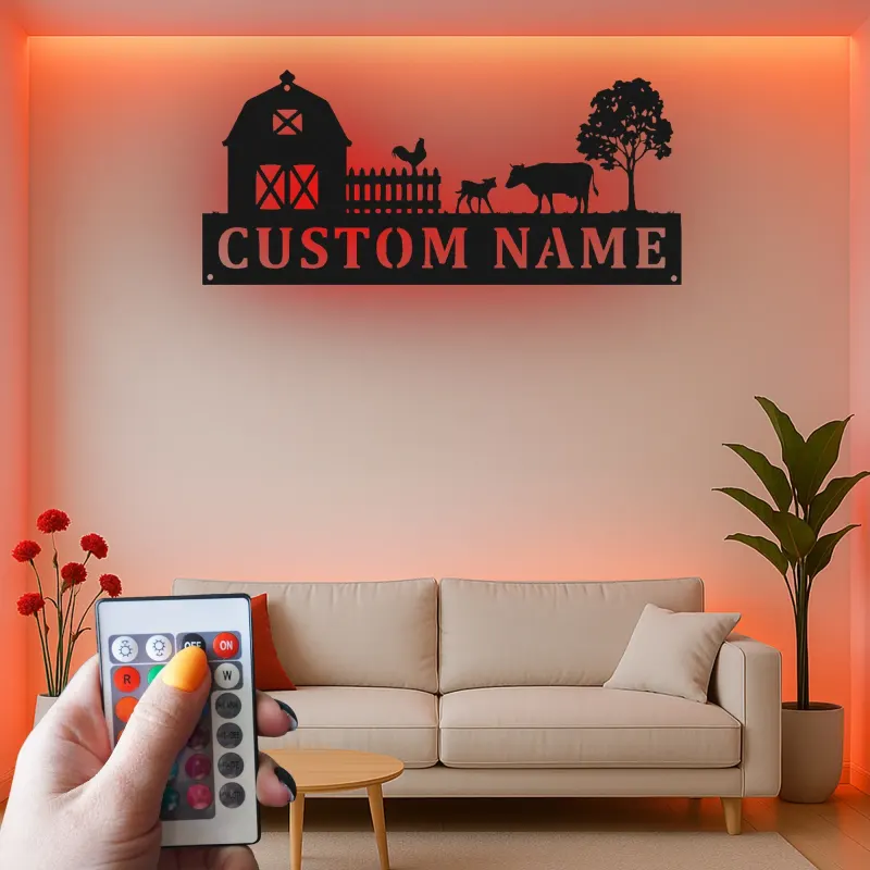 Cartel de Granja Personalizado | Decoración de Metal de Granja con LED | Arte de Pared con Nombre Familiar Rústico para la Sala de Estar