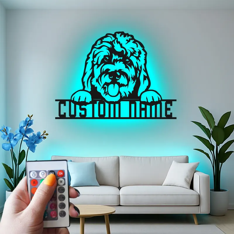 Cartel de metal LED personalizado de perro, regalo para amantes de las mascotas, decoración para salón o entrada 4