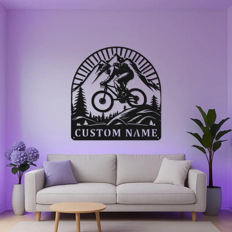 Custom Mountain Biker Metal Wall Art | Personalized Cyclist LED Sign | Outdoor Adventure Decor for Home & Garage | Gift for Him