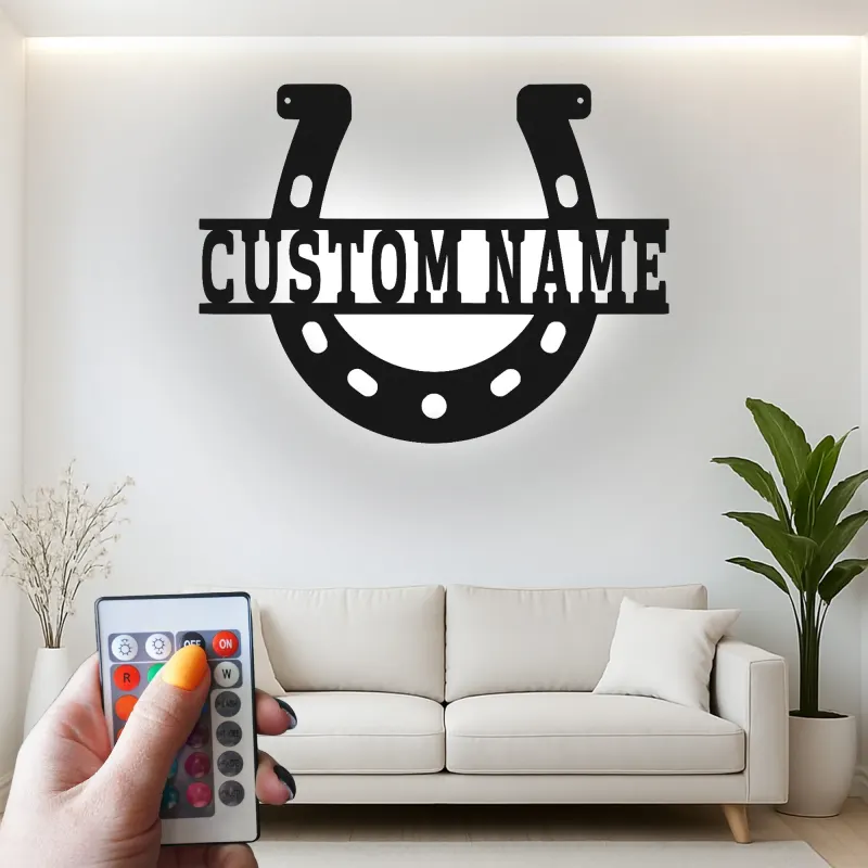 Panneau de Fer à Cheval Personnalisé | Art Métallique LED pour Grange & Ranch | Décor Équestre Personnalisé | Lumière Accent de Ferme Rustique