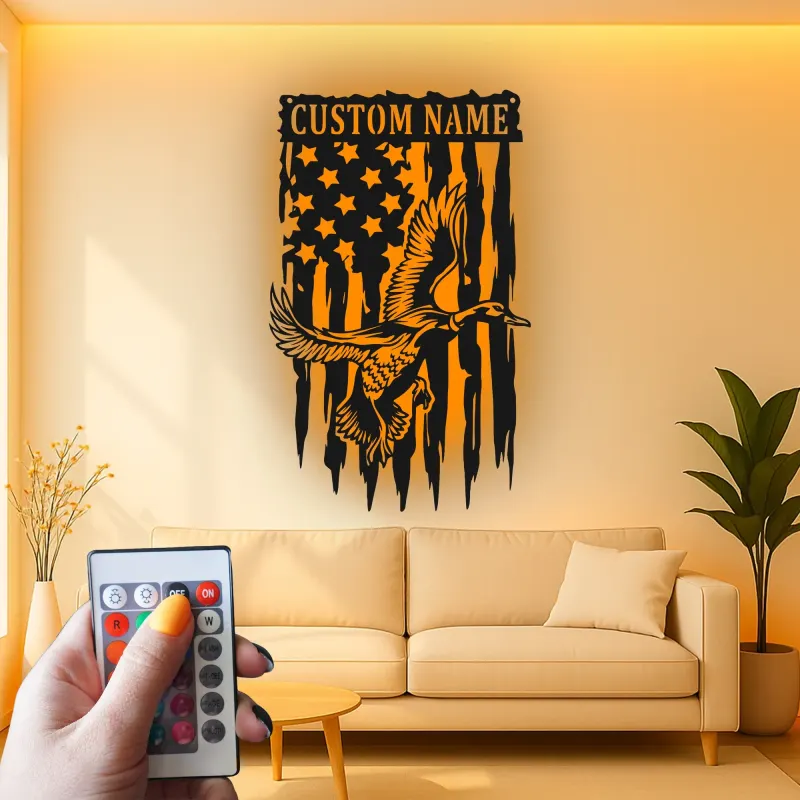 Cartel de metal LED de pato y bandera americana personalizado Regalo para cazadores Decoración de cabaña rústica