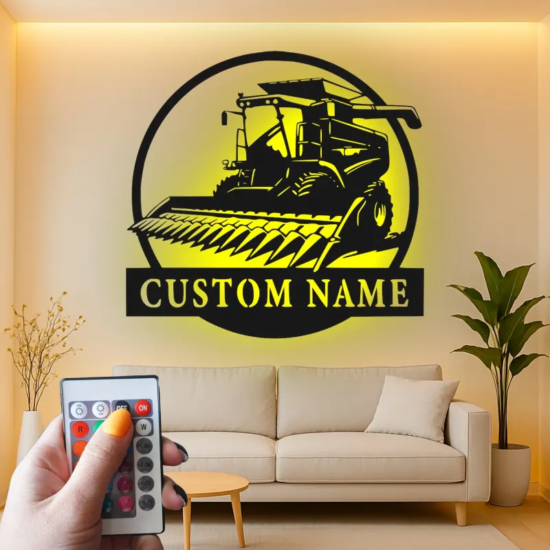 Cartel de metal LED personalizado de cosechadora de cereales Regalo para agricultores Decoración rústica de granja 2