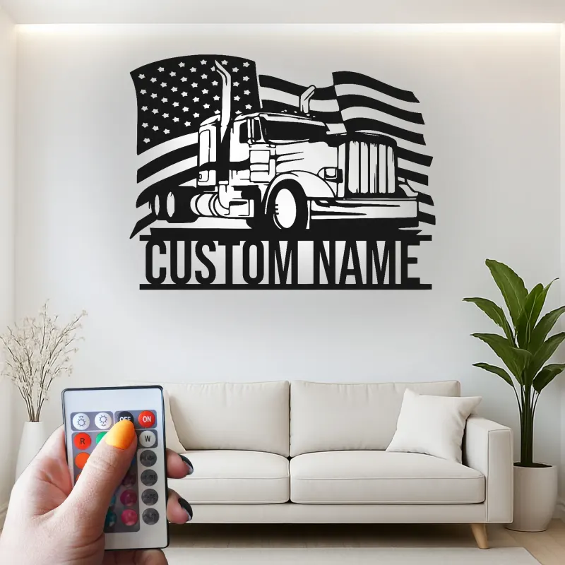 Personalized Semi Truck Metal Art | LED American Flag Sign | Patriotic Trucker Decor & Gift for Man Cave | Laser Cut Steel